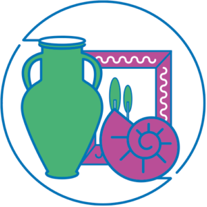 Illustrated image of a vase, painting and shell